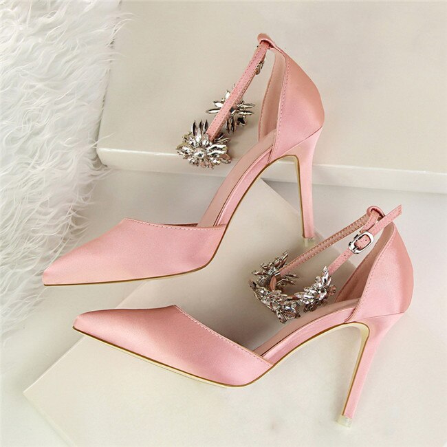Darianrojas Elegant Rhinestone High Heels Women Pumps Silk Pointed Toe Wedding Shoes Women Buckle Strap Crystal Party Shoes Women