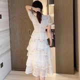 Darianrojas New Fashion Lace Hollow Out Summer Dress For Woman Embroidery Layered Cake Elegant Vintage Long Dresses Female Clothing