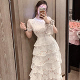 Darianrojas New Fashion Lace Hollow Out Summer Dress For Woman Embroidery Layered Cake Elegant Vintage Long Dresses Female Clothing