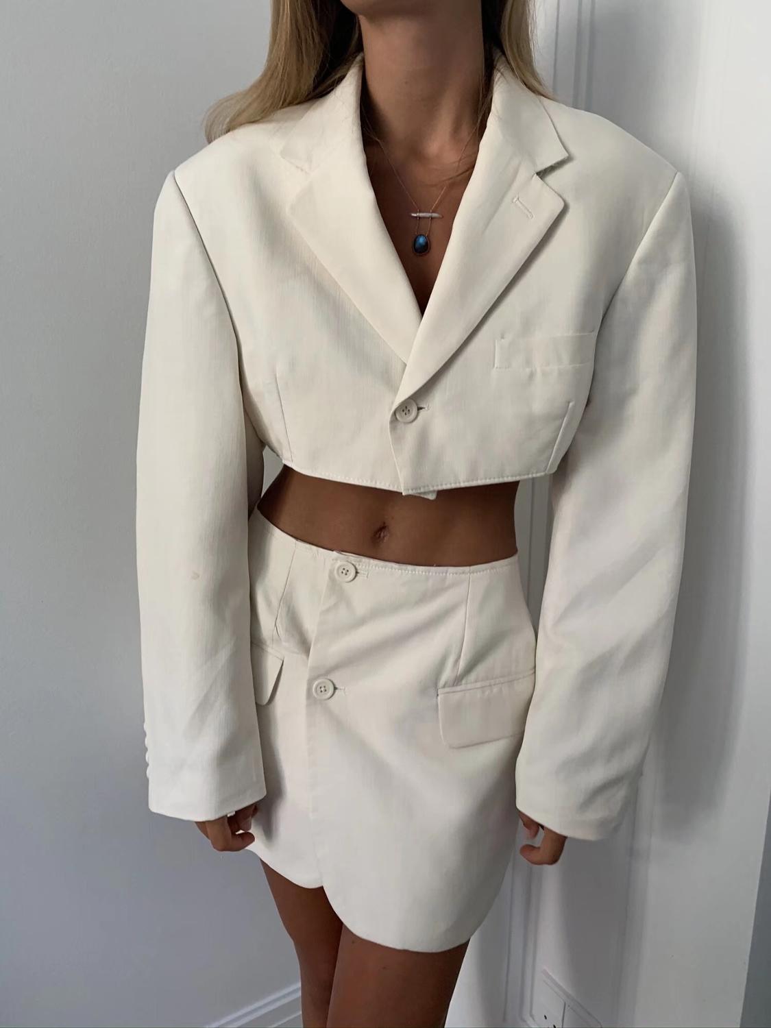 Sexy One Button Short Women Blazer Cropped High Waist Irregular Cross Slit Mini Skirt Long Sleeve Suits 2 Pieces Set Vintage