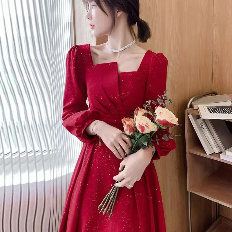 Darianrojas Winter Evening Party Dress Women Elegant One Piece Dress Korean Puffer Sleeve Y2k Midi Dress Vintage Fashion Clothing Chic