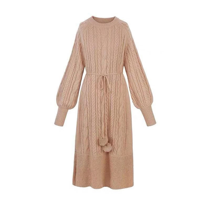 Slim Twist Autumn Winter bandage Dress Knitted Women Sweaters Pullover Long Sleeve Round Neck Pullovers Knit Sweater Dress Warm