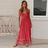 Women Long Maxi Dress Fashion Spaghetti Strap Floral Print Beach Dresses V-neck Ruffles Party Dress