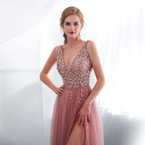 Darianrojas Beading Evening Dress V-Neck Pink High Split Tulle Sweep Train Sleeveless Prom Gown A-line Lace Up Backless Vestido De