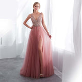 Darianrojas Beading Evening Dress V-Neck Pink High Split Tulle Sweep Train Sleeveless Prom Gown A-line Lace Up Backless Vestido De