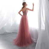 Darianrojas Beading Evening Dress V-Neck Pink High Split Tulle Sweep Train Sleeveless Prom Gown A-line Lace Up Backless Vestido De