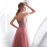 Darianrojas Beading Evening Dress V-Neck Pink High Split Tulle Sweep Train Sleeveless Prom Gown A-line Lace Up Backless Vestido De