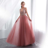 Darianrojas Beading Evening Dress V-Neck Pink High Split Tulle Sweep Train Sleeveless Prom Gown A-line Lace Up Backless Vestido De