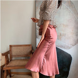 Solid Satin Midi Split Button Skirt Women Summer Pink Elegant Vintage Y2k Zipper Higt Waist Simple Casual A Line Long Skirts