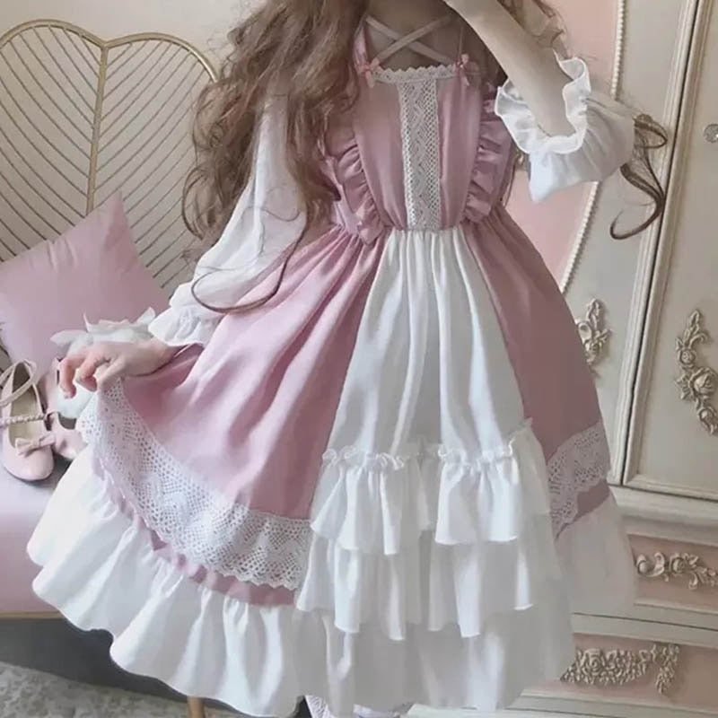 Darianrojas Kawaii Lolita Maid Dress Pink Goth Gothic Birthday Party Dress Puff Sleeve Japanese Harajuku Ruffle Lace-up Soft Girls