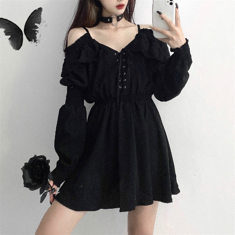 Gothic Black Dress Women Casual Button Lace Evening Party Sexy Mini Dress Female Long Sleeve One-piece Dress Korean  Autumn