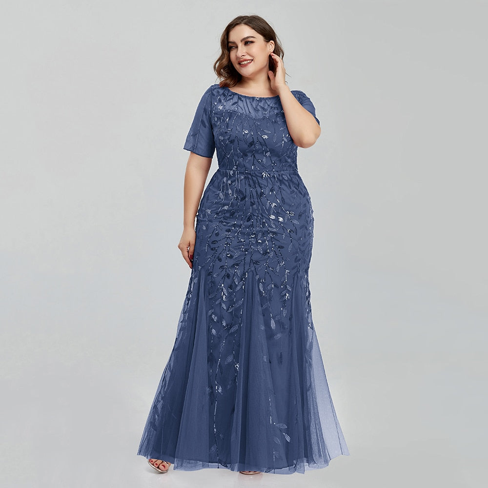 Women Plus Size Sequin Mesh Embroidery Mermaid  Evening Dress Formal Short Sleeve Elegant Party Prom Gowns  Long Dress