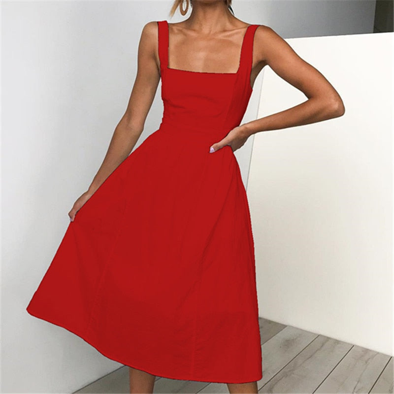 Women New Sexy Backless A-line Dresses Fashion Spaghetti Strap Summer Beach Dress Casual Solid Sling Midi Dress Red Vestidos