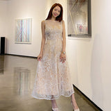 New Summer Elegant Sleeveless Long Dress Women O-Neck Embroidery Sequins Mesh Dresses New Korean Office Chic Slim Dress Vestidos