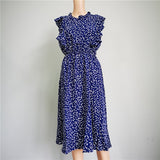 Summer Ladies Elegant Dot Print Chic Dress Women Butterfly Sleeve Ruffles Medium Long Chiffon Dress