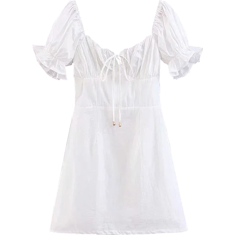Summer French Boho Tie Neck Mini Sexy White Women Dress Elegant Puff Sleeve Y2k Casual Party Beach Square Light Dresses Robe