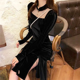 French Vintage Black Dress Women Spring Long Sleeve Slim Evening Party Dress Female Gothic One Piece Dress Koran Winter