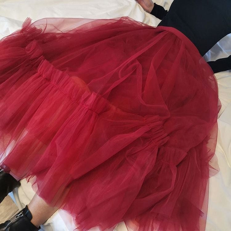 Korean Fashion Mesh Skirts Women Elastic High Waist Ruffled Tiered Tulle Pleated Maxi Skirts Faldas Mujer Moda Fairy Grunge