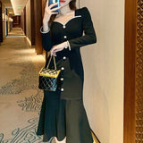 Korea Fashion Black Elegant Dress Office Lady  Autumn Vintage Midi Dress Women Casual Long Sleeve Evening Party Dress Button