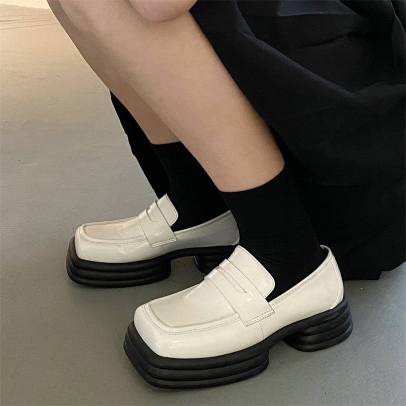 Darianrojas Brand Design British Style Chunky Heel Platform Loafers for Women Patent Leather Square Toe Goth Shoes Women White shoes