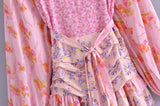Patchwork Floral Print Lantern Sleeve Dress Vintage Ruched Pleated Waist Ruffles Hem Women Holiday Dresses Vestido