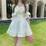 Darianrojas White Kawaii Fairy Dress for Girls Summer Cute Princess Off Shoulder Ruffle Party Mini Dresses Woman Casual Sundress