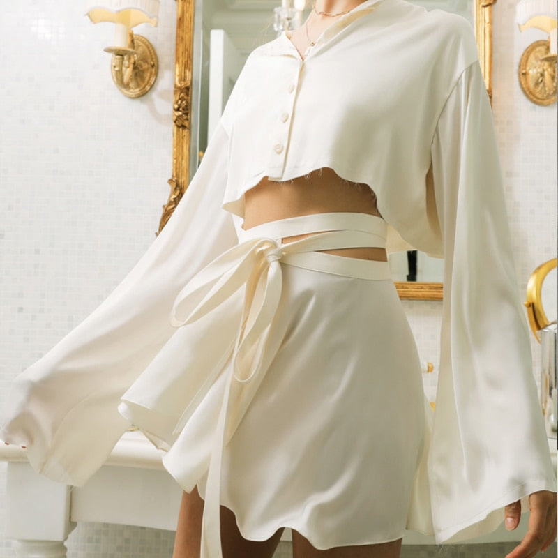 Darianrojas White Elegant Satin Crop Top And Skirt 2 Two-Piece Set Women Lantern Long Sleeves Cardigan Sexy High Waist Mini Skirts Suit
