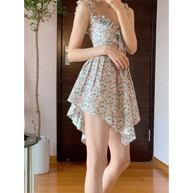 Darianrojas Sleeveless Summer Sling Dress Floral Spaghetti Strap Dress Ruffle Mini Beach Dress Lady Sundress Femme Robe Spring  Fashion