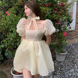 Darianrojas Sweet Dresses Women New Korean Puff Short Sleeve Mesh Patchwork Square Collar Ball Gown Dress Female Fashion Party