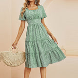 Summer Love Pattern Dot Print Dress Women Casual Short Sleeve Square Collar Ruffles Medium Long Chiffon Dress