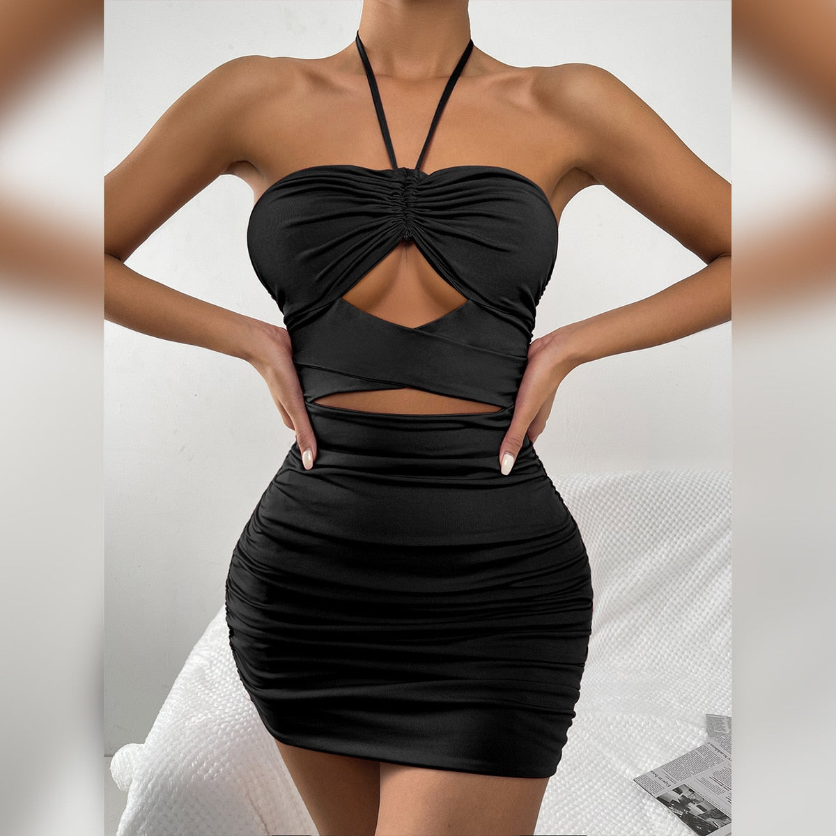 Summer Halter Strapless Women Dress Black Sleeveless Cut-out Bodycon Dress Sexy Backless Night Club Cocktail Party Mini Dresses