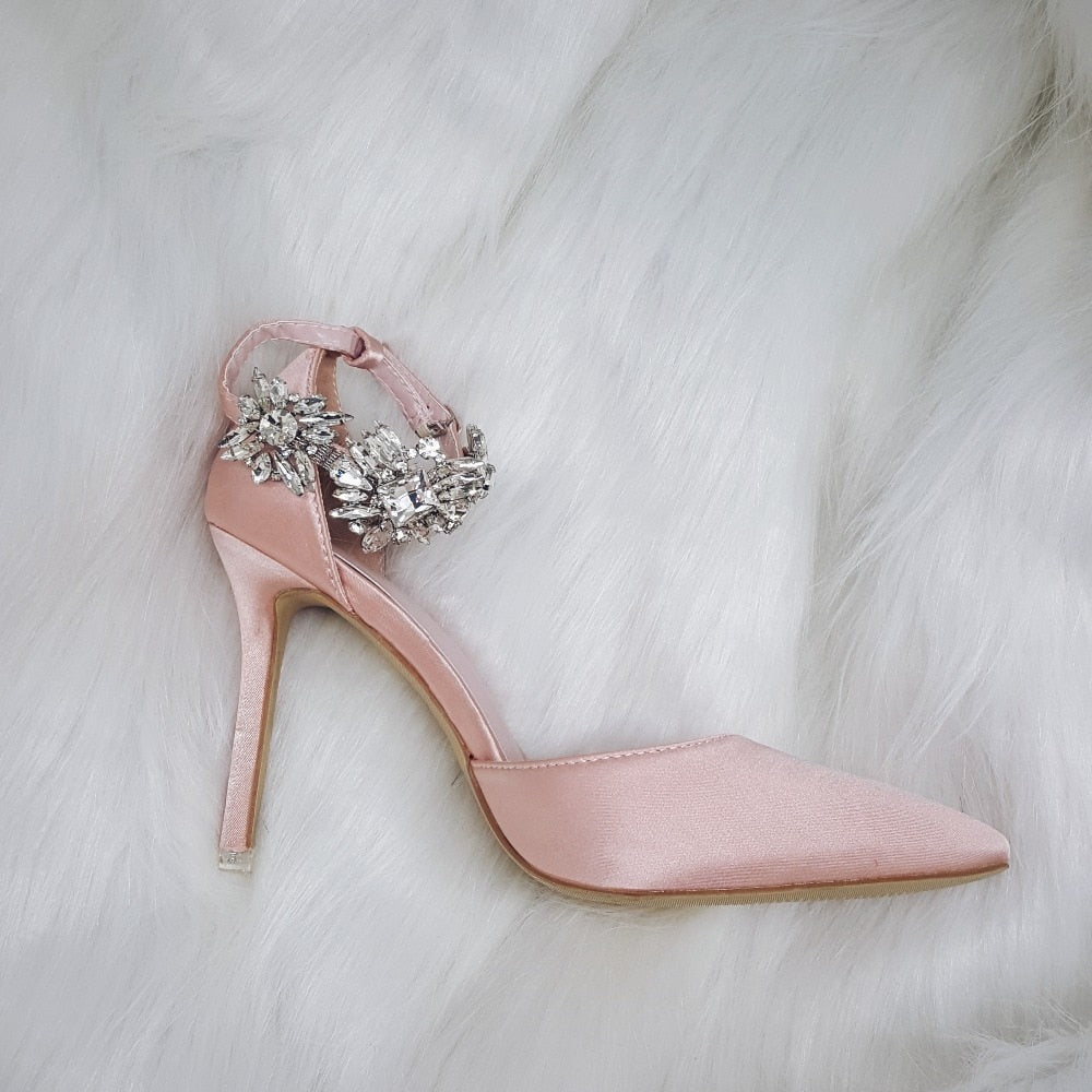 Darianrojas Elegant Rhinestone High Heels Women Pumps Silk Pointed Toe Wedding Shoes Women Buckle Strap Crystal Party Shoes Women
