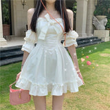 Darianrojas White Kawaii Fairy Dress for Girls Summer Cute Princess Off Shoulder Ruffle Party Mini Dresses Woman Casual Sundress