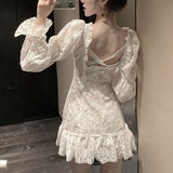 Darianrojas Vintage Lace Fairy Dress Women White Sweet Sexy Backless Casual Dress Female Long Sleeve Elegant Korean Evening Party Dresses