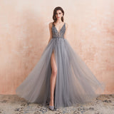 Darianrojas Sexy V-Neck Long Prom Dresses Beaded Beading Crystal High Splits Backless A-Line Formal Gown Party Dress