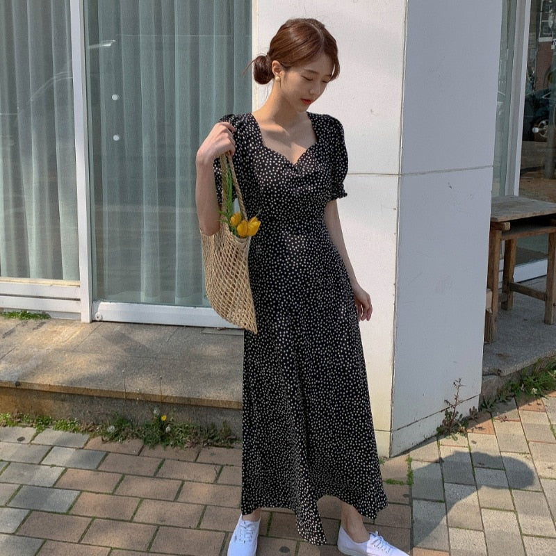 Vintage Dresses for Women Fashion Clothes Square Collar Lace Up Slim Print Lantern Sleeve Dress Korean Sexy Vestidos Summer