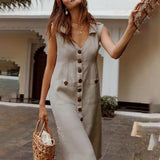 Fashion Summer Dress Women Boho Style V-Neck Waist Plus Size Casual Vestidos Solid Color Sleeveless V Neck Pockets Midi Dresses