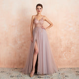 Darianrojas Beaded Crystal Prom Dresses Long Sexy See Through A-Line Split Tulle V Neck Spaghetti Strap Evening Formal Gown