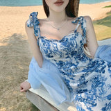 Darianrojas French Summer Vintage Floral Women Dress Midi Sleeveless Backless Y2k Fashion Blue Boho Party Bodycon Dress Chic Beach Dresses