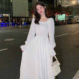 White Elegant Dress Women Square Collar Long Sleeve Dresses Vintage Autumn Fairy Robe Korean Fashion Outfits
