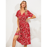 Chiffon Dress Summer Dress  Retro Yellow Red Floral Print Female Casual V-neck Short-sleeved A-line Beach Long Robe Dress