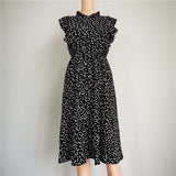 Summer Ladies Elegant Dot Print Chic Dress Women Butterfly Sleeve Ruffles Medium Long Chiffon Dress