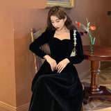 Darianrojas French Velvet Midi Dress Office Lady Winter Black Vintage Dress Evening Party Long Sleeve Elegant One Piece Dress Korean