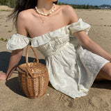 Darianrojas Summer White Flower Beach Dress Woman Puff Sleeve Slash Collar Ruffled Daisy Embroidered Pleated Dresses Elegant Vintage