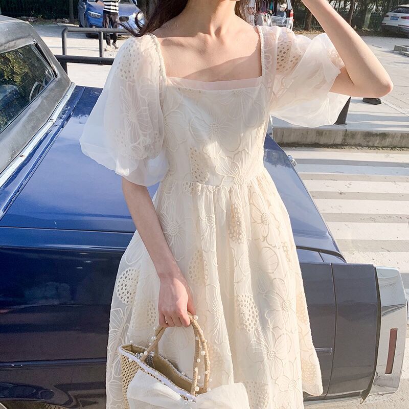 Darianrojas French Vintage Casual Fairy Dress Female One-piece Dress Korean Puff Sleeve Lace Sexy Party Midi Dresses Women's Summer New