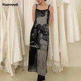 Vintage Marilyn Monroe Print Dress Women Black Sexy Mesh Party Dress Sleeveless Elegant Strap Dresses Gothic Vestidos