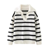 New Striped Long Sleeved Knit Sweater Women Loose Soft Polo Collar Warm Pullover Autumn Fashion Female Street Jumper