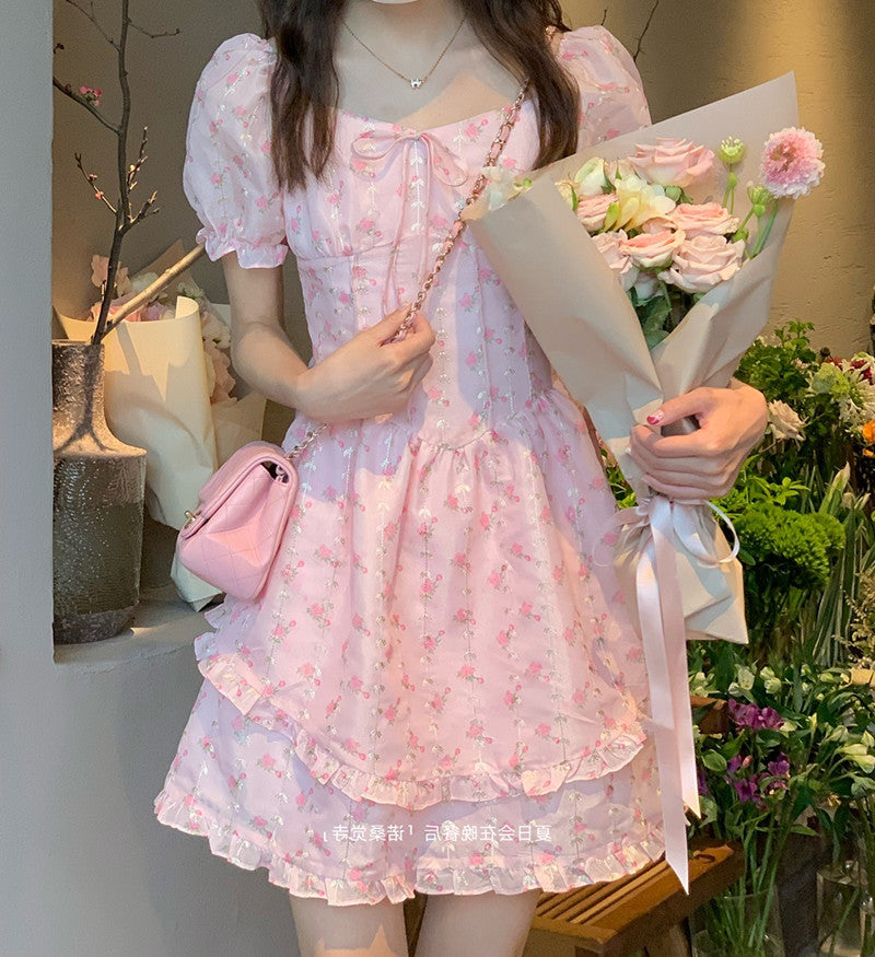 Summer Floral Kawaii Party Mini Dress Women Print Pink Korean Style Chic Fairy Dress Puff Sleeve Princess Sweet Cute Dress