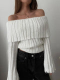 Rib Knit Off Shoulder Pullover For Women Fashion Long Sleeved White Warm Knitwear Sweater Autumn Chic Female Street Jumper