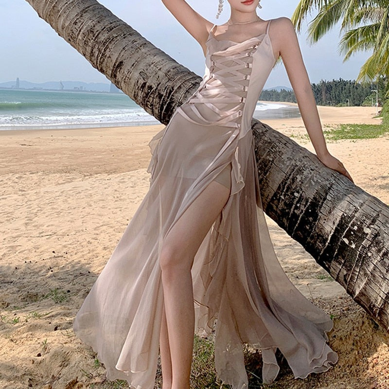 Summer Bandage Beach Chiffon Dress Women Fashion Sleeveless Backless Two-piece Dress Korean Style Evening Corset Slip Dresses